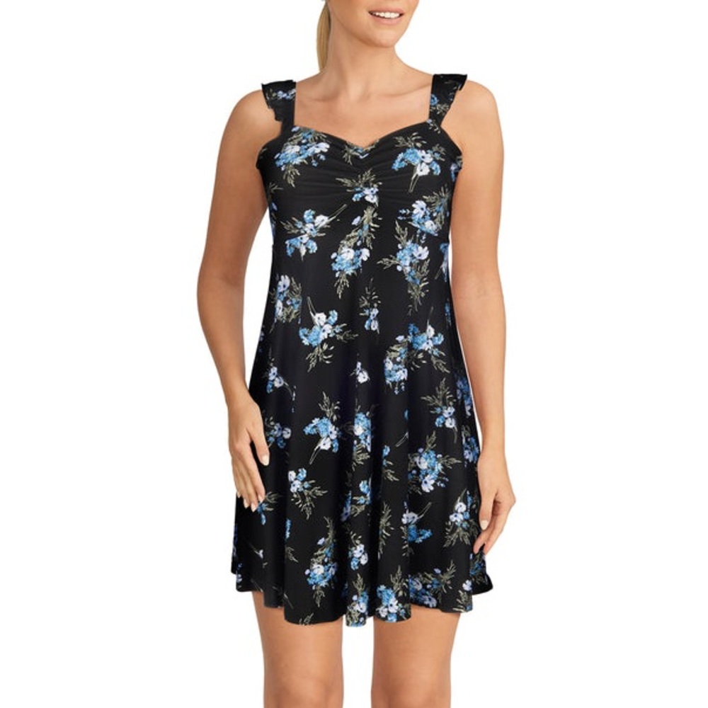 Black Floral Blue Sleevless Frilly Tick Straps Mini Dress Lily Morgan Size Large